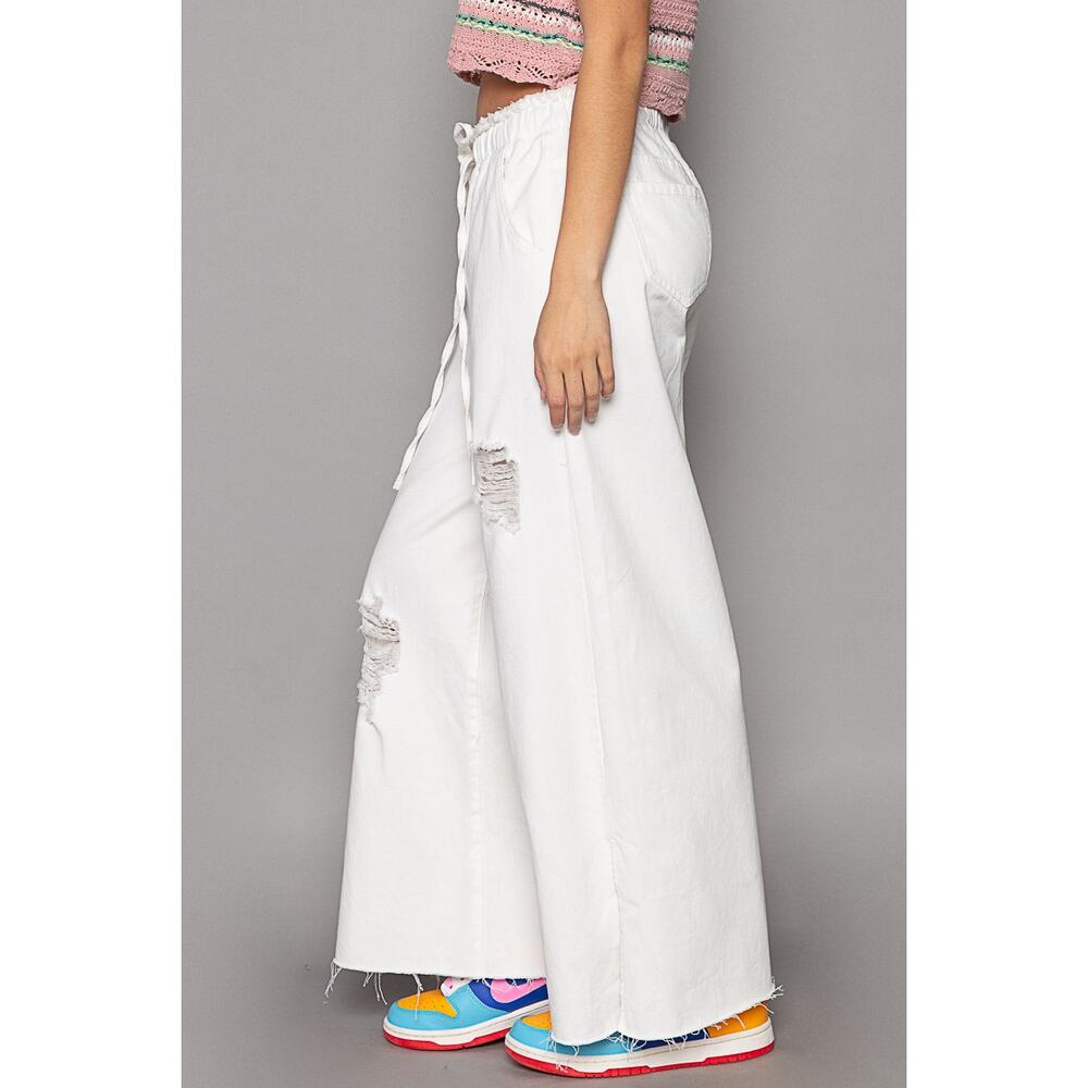 POL High Rise Distressed Adjustable Drawstring Side Slit Wide Leg Pants | White - Picture 3 of 4